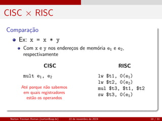 CISC × RISC
Compara¸c˜ao
At´e porque n˜ao sabemos
em quais registradores
est˜ao os operandos
Ex: x = x * y
Com x e y nos endere¸cos de mem´oria e1 e e2,
respectivamente
CISC
mult e1, e2
RISC
lw $t1, 0(e1)
lw $t2, 0(e2)
mul $t3, $t1, $t2
sw $t3, 0(e1)
Norton Trevisan Roman (norton@usp.br) 22 de novembro de 2019 18 / 31
 