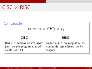 CISC × RISC
Compara¸c˜ao
tP = nP × CPIP × tc
CISC RISC
Reduz o n´umero de instru¸c˜oes
(nP) de um programa, sacriﬁ-
cando sua CPI
Reduz a CPI do programa, `as
custas de seu n´umero de ins-
tru¸c˜oes
Norton Trevisan Roman (norton@usp.br) 22 de novembro de 2019 22 / 31
 
