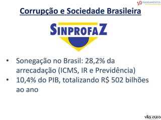 Corrupção e Sociedade Brasileira
• Sonegação no Brasil: 28,2% da
arrecadação (ICMS, IR e Previdência)
• 10,4% do PIB, totalizando R$ 502 bilhões
ao ano
 