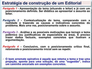 Estratégia de construção de um Editorial
Parágrafo 1 - Apresentação do tema (situando o leitor) e já com um
posicionamento definido. Ser didático ao apresentar o assunto ao
leitor.
Parágrafo 2 - Contextualização do tema, comparando com a
realidade e trazendo as causas e indicativos concretos do
problema. Mais uma vez, posicionamento sobre o assunto.
Parágrafo 3 - Análise e as possíveis motivações que tornam o tema
polêmico (ou justificativas de especialista da área). É preciso
trazer dados factuais, exemplos concretos que ilustram a
argumentação.
Parágrafo 4 - Conclusivo, com o posicionamento crítico final,
retomando o posicionamento inicial sem se repetir.
 O bom arremate opinativo é aquele que retoma o tema e traz uma
projeção, aponta para uma solução, dá uma "sugestão", indica
um caminho ancorado em exemplos concretos.
 