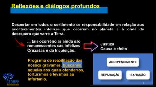 2
Reflexões e diálogos profundos
Despertar em todos o sentimento de responsabilidade em relação aos
acontecimentos infelizes que ocorrem no planeta e à onda de
desespero que varre a Terra.
... tais ocorrências ainda são
remanescentes das infelizes
Cruzadas e da Inquisição.
Justiça
Causa e efeito
ARREPENDIMENTO
REPARAÇÃO EXPIAÇÃO
Programa de reabilitação dos
nossos gravames, buscando
aqueles aos quais ofendemos,
torturamos e levamos ao
infortúnio.
 
