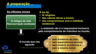 4
A preparação ...
As reflexões iniciais
O milagre da vida
Reencarnação analisada
À luz da:
▪ fé religiosa,
▪ dos valores éticos e morais,
▪ dos compromissos com a realidade
existencial.
... o ambiente não é o responsável exclusivo
pelo comportamento do indivíduo no mundo.
O mundo que nos
aguarda
▪ sem fronteiras do ódio,
▪ sem separatismos étnicos,
▪ sem miséria econômica e
▪ sem a miséria moral.
 