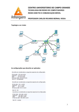 CENTRO UNIVERSITÁRIO DE CAMPO GRANDE
TECNOLOGIA EM REDES DE COMPUTADORES
REDES SEM FIO E COMUNICAÇÃO MÓVEL
PROFESSOR CARLOS RICARDO BERNAL VEIGA
3
Topologia a ser criada:
As configurações que deverão ser aplicadas:
 