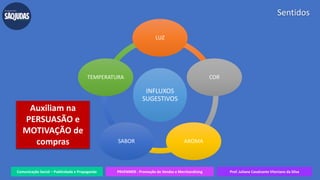 Comunicação Social – Publicidade e Propaganda PRVENMER - Promoção de Vendas e Merchandising Prof. Juliane Cavalcante Vitoriano da Silva
Sentidos
INFLUXOS
SUGESTIVOS
LUZ
COR
AROMASABOR
TEMPERATURA
Auxiliam na
PERSUASÃO e
MOTIVAÇÃO de
compras
 