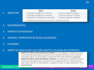 Comunicação Social – Publicidade e Propaganda
PREXPM - Projeto Experimental: Planejamento de
Mídia
Prof. Juliane Cavalcante Vitoriano
da Silva
TV
1. ABERTURA
2. ENCERRAMENTO
3. VINHETA DE PASSAGEM
4. VINHETA / PATROCÍNIO DE BLOCO (QUADROS)
5. CHAMADA
6. INSERT DE VÍDEO COM LOCUÇÃO (MUITO UTILIZADA EM ESPORTES)
 
