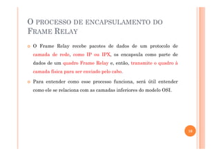 O PROCESSO DE ENCAPSULAMENTO DO
FRAME RELAY
O Frame Relay recebe pacotes de dados de um protocolo de
camada de rede, como IP ou IPX, os encapsula como parte de
dados de um quadro Frame Relay e, então, transmite o quadro à
camada física para ser enviado pelo cabo.
Para entender como esse processo funciona, será útil entender
como ele se relaciona com as camadas inferiores do modelo OSI.
10
 