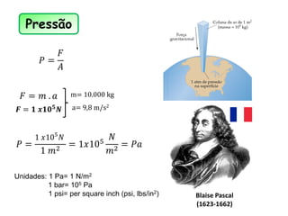 Pressão
𝐹 = 𝑚 . 𝑎
𝑃 =
𝐹
𝐴
m= 10.000 kg
a= 9,8 m/s2
𝑭 = 𝟏 𝒙𝟏𝟎𝟓𝑵
𝑃 =
1 𝑥105
𝑁
1 𝑚2
= 1𝑥105
𝑁
𝑚2
= 𝑃𝑎
Blaise Pascal
(1623-1662)
Unidades: 1 Pa= 1 N/m2
1 bar= 105 Pa
1 psi= per square inch (psi, lbs/in2)
 
