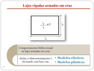 15
Comportamento bidireccional
ou lajes armadas em cruz
Assim, o dimensionamento é
efectuado com base em:
• Modelos elásticos
• Modelos plásticos.
Lajes vigadas armadas em cruz
 
