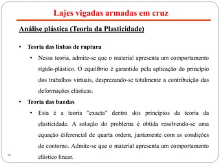 19
Lajes vigadas armadas em cruz
Análise plástica (Teoria da Plasticidade)
• Teoria das linhas de ruptura
• Nessa teoria, admite-se que o material apresenta um comportamento
rígido-plástico. O equilíbrio é garantido pela aplicação do princípio
dos trabalhos virtuais, desprezando-se totalmente a contribuição das
deformações elásticas.
• Teoria das bandas
• Esta é a teoria "exacta" dentro dos princípios da teoria da
elasticidade. A solução do problema é obtida resolvendo-se uma
equação diferencial de quarta ordem, juntamente com as condições
de contorno. Admite-se que o material apresenta um comportamento
elástico linear.
 