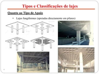 Tipos e Classificações de lajes
5
Quanto ao Tipo de Apoio
• Lajes fungiformes (apoiadas directamente em pilares)
 