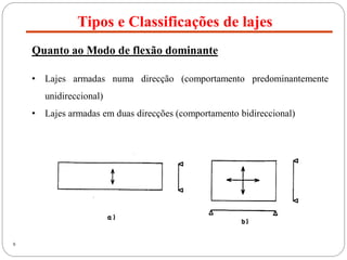 Tipos e Classificações de lajes
9
Quanto ao Modo de flexão dominante
• Lajes armadas numa direcção (comportamento predominantemente
unidireccional)
• Lajes armadas em duas direcções (comportamento bidireccional)
 