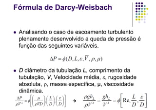 Fórmula de Darcy-Weisbach
 Analisando o caso de escoamento turbulento
plenamente desenvolvido a queda de pressão é
função das seguintes variáveis.
 D diâmetro da tubulação L, comprimento da
tubulação, V, Velocidade média, , rugosidade
absoluta, , massa específica, μ, viscosidade
dinâmica.

 