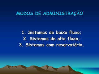 MODOS DE ADMINISTRAÇÃO



 1. Sistemas de baixo fluxo;
  2. Sistemas de alto fluxo;
3. Sistemas com reservatório.
 