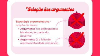 Argumento 1: o desrespeito à
laicidade por parte do
governo;
Argumento 2: a falta de
representatividade midiática;
Estratégia argumentativa -
adição de ideias
Seleção dos argumentos
Seleção dos argumentos
 