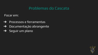 Problemas do Cascata
Focar em:
➔ Processos e ferramentas
➔ Documentação abrangente
➔ Seguir um plano
19
 