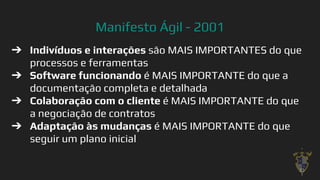 Manifesto Ágil - 2001
➔ Indivíduos e interações são MAIS IMPORTANTES do que
processos e ferramentas
➔ Software funcionando é MAIS IMPORTANTE do que a
documentação completa e detalhada
➔ Colaboração com o cliente é MAIS IMPORTANTE do que
a negociação de contratos
➔ Adaptação às mudanças é MAIS IMPORTANTE do que
seguir um plano inicial
23
 