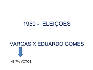 1950 - ELEIÇÕES
VARGAS X EDUARDO GOMES
48,7% VOTOS
 
