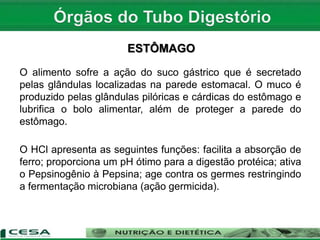 ESTÔMAGO
O alimento sofre a ação do suco gástrico que é secretado
pelas glândulas localizadas na parede estomacal. O muco é
produzido pelas glândulas pilóricas e cárdicas do estômago e
lubrifica o bolo alimentar, além de proteger a parede do
estômago.
O HCl apresenta as seguintes funções: facilita a absorção de
ferro; proporciona um pH ótimo para a digestão protéica; ativa
o Pepsinogênio à Pepsina; age contra os germes restringindo
a fermentação microbiana (ação germicida).
 