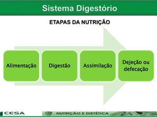 Alimentação Digestão Assimilação
Dejeção ou
defecação
ETAPAS DA NUTRIÇÃO
 