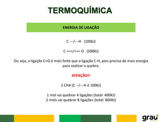 TERMOQUÍMICA
ENERGIA DE LIGAÇÃO
C ---/---H (100kJ)
C ===/=== O (500KJ)
Ou seja, a ligação C=O é mais forte que a ligação C-H, pois precisa de mais energia
para realizar a quebra.
ATENÇÃO!!
2 CH4 (C --/---H é 100KJ)
1 mol vai quebrar 4 ligações (total: 400KJ)
2 mols vai quebrar 8 ligações (total: 800KJ)
 