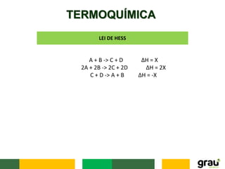 TERMOQUÍMICA
LEI DE HESS
A + B -> C + D ΔH = X
2A + 2B -> 2C + 2D ΔH = 2X
C + D -> A + B ΔH = -X
 