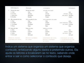Indica um sistema que organiza um sistema que organiza
conteúdo, enfatizando alguns dados e preterindo outros. Ela
ajuda os leitores a localizarem-se no texto, sabendo onde
entrar e sair e como selecionar o conteúdo que deseja.
 
