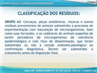 AULA 09: GERENCIAMENTO DE RECURSOS FÍSICOS E AMBIENTAIS
ADMINISTRAÇÃO E GERENCIA EM ENFERMAGEMADMINISTRAÇÃO E GERENCIA EM ENFERMAGEM
CLASSIFICAÇÃO DOS RESÍDUOS:
GRUPO A2- Carcaças, peças anatômicas, vísceras e outros
resíduos provenientes de animais submetidos a processos de
experimentação com inoculação de microorganismos, bem
como suas forrações, e os cadáveres de animais suspeitos de
serem portadores de microrganismos de relevância
epidemiológica e com risco de disseminação, que foram
submetidos ou não a estudo anátomo-patológico ou
confirmação diagnóstica. Devem ser submetidos a
tratamento antes da disposição final.
 