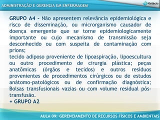 AULA 09: GERENCIAMENTO DE RECURSOS FÍSICOS E AMBIENTAIS
ADMINISTRAÇÃO E GERENCIA EM ENFERMAGEMADMINISTRAÇÃO E GERENCIA EM ENFERMAGEM
GRUPO A4 - Não apresentem relevância epidemiológica e
risco de disseminação, ou microrganismo causador de
doença emergente que se torne epidemiologicamente
importante ou cujo mecanismo de transmissão seja
desconhecido ou com suspeita de contaminação com
príons;
tecido adiposo proveniente de lipoaspiração, lipoescultura
ou outro procedimento de cirurgia plástica; peças
anatômicas (órgãos e tecidos) e outros resíduos
provenientes de procedimentos cirúrgicos ou de estudos
anátomo-patológicos ou de confirmação diagnóstica;
Bolsas transfusionais vazias ou com volume residual pós-
transfusão.
+ GRUPO A2
 
