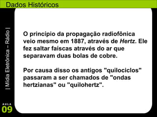Dados Históricos O princípio da propagação radiofônica veio mesmo em 1887, através de  Hertz . Ele fez saltar faíscas através do ar que separavam duas bolas de cobre.  Por causa disso os antigos "quilociclos"  passaram a ser chamados de "ondas hertzianas" ou "quilohertz". 