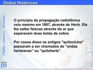 Dados Históricos O princípio da propagação radiofônica veio mesmo em 1887, através de  Hertz . Ele fez saltar faíscas através do ar que separavam duas bolas de cobre.  Por causa disso os antigos "quilociclos"  passaram a ser chamados de "ondas hertzianas" ou "quilohertz". 