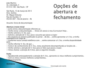 João Martins
Av. Liberdade, 5
01310-100- São Paulo – SP

São Paulo, 13 de março de 2013
Ilmo. Senhor,
Dr. Miguel Antunes
Rua do Ouvidor, 9
05230-007 – Rio de Janeiro - RJ

Assunto: Envio de documentação

Abertura e texto inicial
Junto envio a documentação referente ao…
Venho enviar a documentação… / Envio em anexo o meu Curriculum Vitae…
Venho solicitar a V. Sra. que…
Solicito a atenção de V. Exa. para o assunto que passo a expor:
Em resposta ao anúncio publicado no jornal… do dia…, venho apresentar a V. Sra. a minha
candidatura ao cargo de …
Conforme nosso contato telefônico com…, venho comunicar a V. Sra. a minha disponibilidade
para…
Venho informar V. Sra. de que ...
Como é do conhecimento de V. Sra., estou atualmente desempenhando as funções de…
Venho solicitar a atenção de V. Sras para os fatos que passo a expor.
Vimos chamar a atenção de V.Sras. para a seguinte situação.

Fecho
Agradecendo antecipadamente a atenção de V. Sra., apresento os meus melhores cumprimentos,
Com os (meus/nossos) melhores cumprimentos,
Atenciosamente,

Assinatura
                                                     Comunicação oral e escrita
 