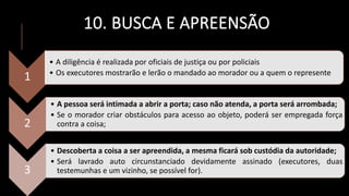 10. BUSCA E APREENSÃO
1
• A diligência é realizada por oficiais de justiça ou por policiais
• Os executores mostrarão e lerão o mandado ao morador ou a quem o represente
2
• A pessoa será intimada a abrir a porta; caso não atenda, a porta será arrombada;
• Se o morador criar obstáculos para acesso ao objeto, poderá ser empregada força
contra a coisa;
3
• Descoberta a coisa a ser apreendida, a mesma ficará sob custódia da autoridade;
• Será lavrado auto circunstanciado devidamente assinado (executores, duas
testemunhas e um vizinho, se possível for).
 