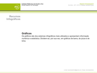 Instituto Politécnico do Cávado e Ave                                                Desenho Computacional II
               Escola Superior de Tecnologia                               Ano letivo - 2011 | 2012 || Professor Leonardo Pereira




   Recursos
Infográficos




               Gráficos
               Os gráficos são dos sistemas infográficos mais utilizados e apresentam informação
               numérica e estatística. Dividem-se, por sua vez, em gráficos de barra, de pizza e de
               linha




                                                                   e-mail: leonardpeartree@gmail.com | Skype: leonardpeartree
 