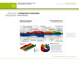 Instituto Politécnico do Cávado e Ave                                    Desenho Computacional II
            Escola Superior de Tecnologia                   Ano letivo - 2011 | 2012 || Professor Leonardo Pereira




   Recursos e Diagramas ilustrados
Infográficos Mais exemplos...




                                                                                       http://www.coolinfographics.
                                                                                       com/storage/post-images/
                                                                                       resume-infographic.jpg?__
                                                                                       SQUARESPACE_CACHE-
                                                                                       VERSION=1271423291528




                                                    e-mail: leonardpeartree@gmail.com | Skype: leonardpeartree
 