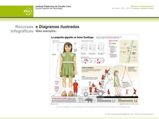 Instituto Politécnico do Cávado e Ave                                                                            Desenho Computacional II
            Escola Superior de Tecnologia                                                           Ano letivo - 2011 | 2012 || Professor Leonardo Pereira




   Recursos e Diagramas ilustrados
Infográficos Mais exemplos...




                                 http://4.bp.blogspot.com/-qtmtfB9sydU/TdT9TlCsNWI/AAAAAAAAADQ/Z5DhL4AQcUw/s1600/aaaa2.jpg



                                                                                           e-mail: leonardpeartree@gmail.com | Skype: leonardpeartree
 