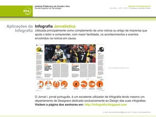 Instituto Politécnico do Cávado e Ave                                               Desenho Computacional II
                   Escola Superior de Tecnologia                              Ano letivo - 2011 | 2012 || Professor Leonardo Pereira




Aplicações da Infografia Jornalística
     Infografia Utilizada principalmente como complemento de uma notícia ou artigo de imprensa que
                   ajuda o leitor a comprender, com maior facilidade, os acontecimentos e eventos
                   envolvidos na notícia em causa.




                                                                            http://iinfografia.blogspot.com/




                   O Jornal i, jornal português, é um excelente utilizador de Infografia tendo mesmo um
                   departamento de Designers dedicado exclusivamente ao Design das suas infografias.
                   Visitem a página dos senhores em: http://iinfografia.blogspot.com

                                                                      e-mail: leonardpeartree@gmail.com | Skype: leonardpeartree
 