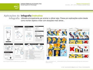 Instituto Politécnico do Cávado e Ave                                                                    Desenho Computacional II
                                          Escola Superior de Tecnologia                                                   Ano letivo - 2011 | 2012 || Professor Leonardo Pereira




 Aplicações da Infografia Instrutiva
      Infografia Utilizada principalmente par ensinar a utilizar algo. Passa por explicações sobre desde
                                          como montar objetos e lidar com situações mais sérias...




http://37signals.com/svn/images/242-flip_quickstart.png                           http://1.bp.blogspot.com/__-3V0tRrxWM/S7OQPL0XP9I/AAAAAAAAAS0/txjW0YlgAUM/s1600/Airplane-
                                                                                  SafetyCard2.jpg



                                                                                                                  e-mail: leonardpeartree@gmail.com | Skype: leonardpeartree
 