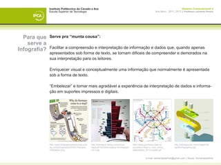 Instituto Politécnico do Cávado e Ave                                                                                         Desenho Computacional II
              Escola Superior de Tecnologia                                                                        Ano letivo - 2011 | 2012 || Professor Leonardo Pereira




  Para que    Serve pra “munta cousa”:
    serve a
              Facilitar a compreensão e interpretação de informação e dados que, quando apenas
Infografia?
              apresentados sob forma de texto, se tornam dificeis de compreender e demorados na
              sua interpretação para os leitores.

              Enriquecer visual e conceptualmente uma informação que normalmente é apresentada
              sob a forma de texto.

              “Embelezar” e tornar mais agradável a experiência de interpretação de dados e informa-
              ção em suportes impressos e digitais.




              http://www.infographicsshowcase.com/   http://trendland.net/wp-content/up-      http://www.goncharov.fatal.ru/        http://caroleguevin.com/images/09/
              wp-content/uploads/2010/01/freeway-    loads/2010/03/the-beauty-of-infograph-   goncharov.fatal.ru_mos_metro_         wp/50infographics.jpg
              infographic.png                        ics-3.jpg                                passengers_2010-english.gif


                                                                                                          e-mail: leonardpeartree@gmail.com | Skype: leonardpeartree
 