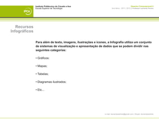 Instituto Politécnico do Cávado e Ave                                             Desenho Computacional II
               Escola Superior de Tecnologia                            Ano letivo - 2011 | 2012 || Professor Leonardo Pereira




   Recursos
Infográficos

               Para além de texto, imagens, ilustrações e ícones, a Infografia utiliza um conjunto
               de sistemas de visualização e apresentação de dados que se podem dividir nas
               seguintes categorias:

               • Gráficos:

               • Mapas;

               • Tabelas;

               • Diagramas ilustrados;

               • Etc...




                                                                e-mail: leonardpeartree@gmail.com | Skype: leonardpeartree
 