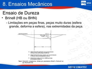 8. Ensaios Mecânicos
30
• Brinell (HB ou BHN)
- Limitações em peças finas, peças muito duras (esfera
grande, deforma a esfera), nas extremidades da peça.
Ensaio de Dureza
 