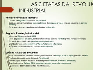 AS 3 ETAPAS DA REVOLUÇ
INDUSTRIAL
 Primeira Revolução Industrial
 Ocorreu na Inglaterra no final do séculoXVIII;
 Destaque para a invenção do tear mecânico e da máquina a vapor (movida a queima do carvão
mineral);
 Surgimento de uma nova classe trabalhadora: o Operário.
 Segunda Revolução Industrial
 Iniciou nos EUA por volta de 1860;
 Modo de produção em série, também chamado de Sistema Fordista (Filme TemposModernos);
 Substituição do carvão pelo petróleo e energiaelétrica;
 Grandes Invenções: Locomotiva a Vapor, Automóvel e Telefone;
 Surgimento da Sociedade de Consumo (Consumismo).
 Terceira Revolução Industrial
 Surgiu em diferentes partes do mundo (principalmente na Europa, EUA e Japão) por volta de1970;
 Produção de acordo com a demanda(Toyotismo);
 Modernização do setor industrial, marcada pela informática, eletrônica erobótica;
 Grandes inventos: Celular, GPS, foguetes e sondas espaciais,computador;
 Classificação dos Países quanto à industrialização.
 