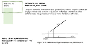 Pertinência Reta e Plano
Retas de um plano frontal
Um plano frontal só pode conter retas que estejam paralelas ao plano vertical de
projeção. Nesse caso, excluem-se qualquer, perfil, topo e horizontal, sendo
pertencentes à ele apenas retas verticais, fronto-horizontais e frontais.
RETAS DE UM PLANO FRONTAL
Coincidem traços horizontais de reta
e plano
Estudos do
Plano
 
