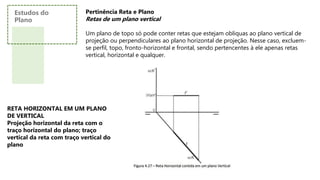 Pertinência Reta e Plano
Retas de um plano vertical
Um plano de topo só pode conter retas que estejam obliquas ao plano vertical de
projeção ou perpendiculares ao plano horizontal de projeção. Nesse caso, excluem-
se perfil, topo, fronto-horizontal e frontal, sendo pertencentes à ele apenas retas
vertical, horizontal e qualquer.
RETA HORIZONTAL EM UM PLANO
DE VERTICAL
Projeção horizontal da reta com o
traço horizontal do plano; traço
vertical da reta com traço vertical do
plano
Estudos do
Plano
 