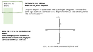 Pertinência Reta e Plano
Retas de um plano de perfil
Um plano de perfil só pode conter retas que estejam ortogonais à linha de terra:
perfil, topo e vertical. A condição básica de pertencimento, é a de estarem, plano e
reta, na mesma abscissa.
RETA DE PERFIL EM UM PLANO DE
PERFIL
Coincidem projeções horizontais
com traços horizontais e projeções
verticais com traços verticais
Estudos do
Plano
 