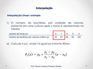 Interpolação Linear: exemplo
Interpolação
Prof. Renan Gustavo Pacheco Soares
número de horas (x) 0 1 2 3 4
número de bactérias por volume unitário (y) 32 47 65 92 132
 