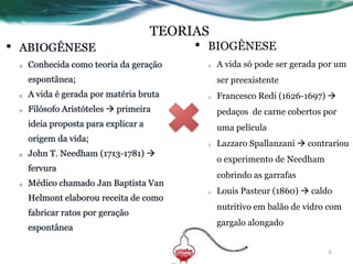 TEORIAS
• BIOGÊNESE
o A vida só pode ser gerada por um
ser preexistente
o Francesco Redi (1626-1697) 
pedaços de carne cobertos por
uma película
o Lazzaro Spallanzani  contrariou
o experimento de Needham
cobrindo as garrafas
o Louis Pasteur (1860)  caldo
nutritivo em balão de vidro com
gargalo alongado
6
 