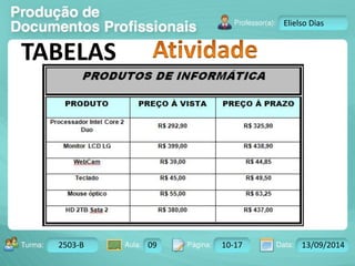Turma: 2503-B Aula: 10 Pág: 10 a 17 Data: 18-jan-12 
2503-B 09 10-17 13/09/2014 
Instrutor: Ricardo Paladini Matos 
Elielso Dias 
TABELAS 
 