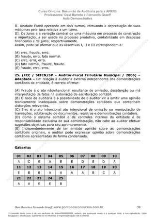 N
om
e99999999999
N
om
e99999999999
N
om
e99999999999
N
om
e99999999999
N
om
e99999999999
N
om
e99999999999
N
om
e99999999999
N
om
e99999999999
N
om
e99999999999
N
om
e99999999999
N o m e 9 9 9 9 9 9 9 9 9 9 9
O conteúdo deste curso é de uso exclusivo de Nome99999999999, vedada, por quaisquer meios e a qualquer título, a sua reprodução, cópia,
divulgação e distribuição, sujeitando-se os infratores à responsabilização civil e criminal.
Curso On-Line: Resumão de Auditoria para a AFRFB
Professores: Davi Barreto e Fernando Graeff
Aula Demonstrativa
Davi Barreto e Fernando Graeff www.pontodosconcursos.com.br 50
II. Unidade Fabril operando em dois turnos, efetuando a depreciação de suas
máquinas pela taxa relativa a um turno.
III. Os Juros e a variação cambial de uma máquina em processo de construção
e importação, a ser usada no processo produtivo, contabilizado em despesas
financeiras e de juros, respectivamente.
Assim, pode-se afirmar que as assertivas I, II e III correspondem a:
(A) erro, fraude, erro.
(B) fraude, erro, fato normal.
(C) erro, erro, erro.
(D) fato normal, fraude, fraude.
(E) fraude, erro, erro.
25. (FCC / SEFIN/SP – Auditor-Fiscal Tributário Municipal / 2006) –
Adaptada – Em relação à auditoria externa independente das demonstrações
contábeis da entidade, é correto afirmar:
(A) Fraude é o ato nãointencional resultante de omissão, desatenção ou má
interpretação de fatos na elaboração da escrituração contábil.
(B) O risco de auditoria é a possibilidade de o auditor vir a emitir uma opinião
tecnicamente inadequada sobre demonstrações contábeis que contenham
distorções relevantes.
(C) Erro é o ato intencional ato intencional de omissão ou manipulação de
transações, adulteração de documentos, registros e demonstrações contábeis.
(D) Como o sistema contábil e de controles internos da entidade é de
responsabilidade exclusiva de sua administração, não cabe ao auditor efetuar
sugestões objetivas para seu aprimoramento.
(E) Independentemente de ter emitido opinião sobre as demonstrações
contábeis originais, o auditor pode expressar opinião sobre demonstrações
contábeis apresentadas de forma condensada.
Gabarito:
01 02 03 04 05 06 07 08 09 10
A C E A E E D E D A
11 12 13 14 15 16 17 18 19 20
E B B A A A A B C A
21 22 23 24 25
A A E E B
 