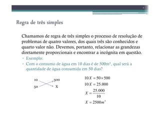 Regra de três simples
Regra de três simples
Regra de três simples
Regra de três simples
Chamamos de regra de três simples o processo de resolução de
problemas de quatro valores, dos quais três são conhecidos e
quarto valor não. Devemos, portanto, relacionar as grandezas
diretamente proporcionais e encontrar a incógnita em questão.
▫ Exemplo:
5
▫ Exemplo:
▫ Com o consumo de água em 10 dias é de 500m³, qual será a
quantidade de água consumida em 50 dias?
10 500
50 X
3
2500
10
000
.
25
000
.
25
10
500
50
10
m
X
X
X
X
=
=
=
×
=
 