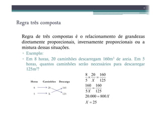 Regra três composta
Regra três composta
Regra três composta
Regra três composta
Regra de três compostas é o relacionamento de grandezas
diretamente proporcionais, inversamente proporcionais ou a
mistura dessas situações.
▫ Exemplo:
▫ Em 8 horas, 20 caminhões descarregam 160m3 de areia. Em 5
6
▫ Em 8 horas, 20 caminhões descarregam 160m3 de areia. Em 5
horas, quantos caminhões serão necessários para descarregar
125m3?
Horas Caminhões Descarga
8 20 160
5 X 125
25
800
000
.
20
125
160
5
160
125
160
20
5
8
=
=
=
=
×
X
X
X
X
 